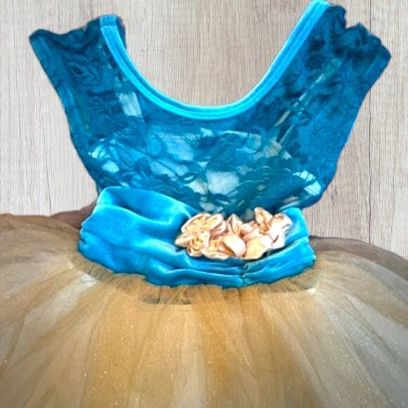 CURTAIN CALL Turquoise Aqua Velvet Lace Gold Tulle Dance Recital Costume CXS - Picture 5 of 6